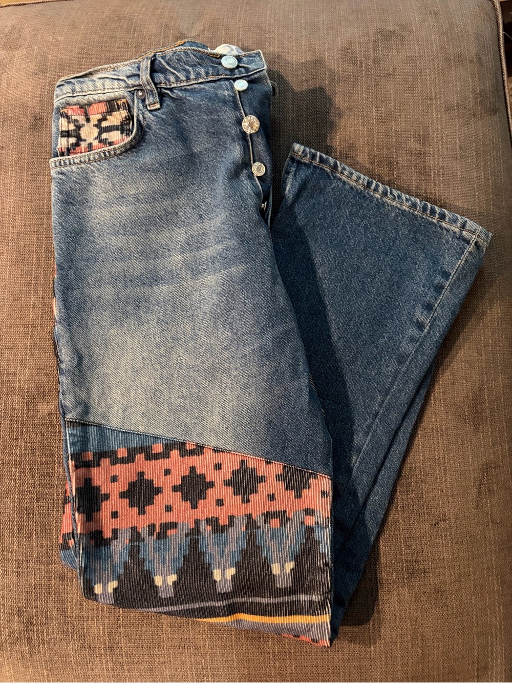 Women’s We the Free Blue Denim Jeans with Pink & Black Aztec Trim